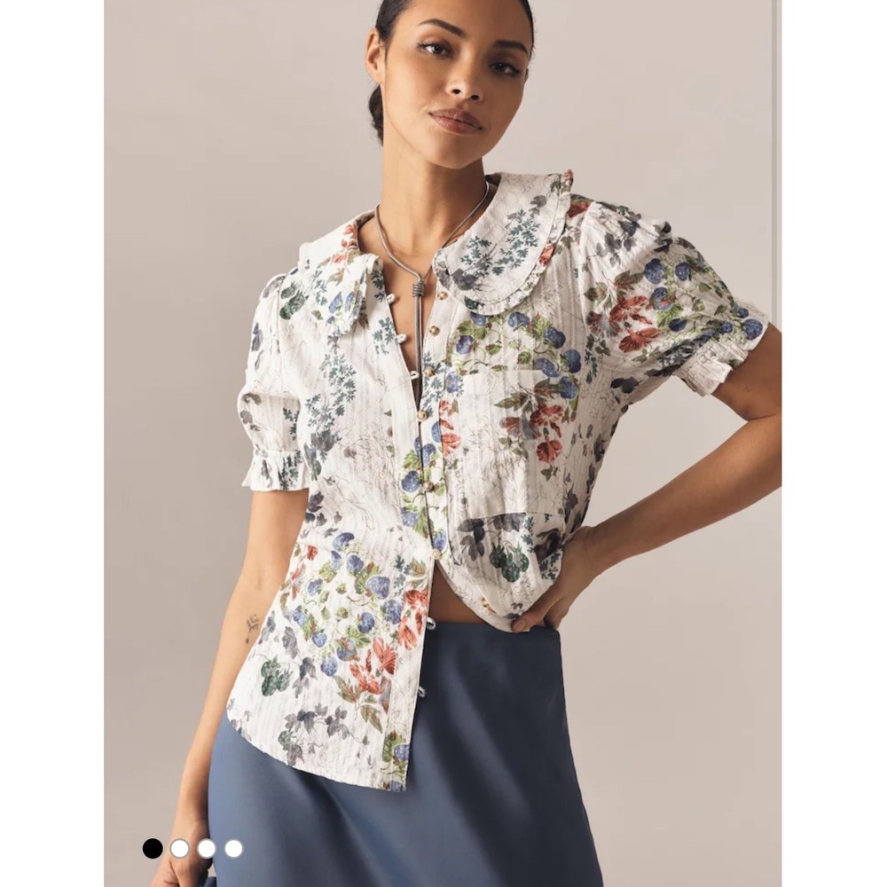 Pilcro The Keira Collared Blouse Women XL Cream Floral Peter Pan Cotton 13320